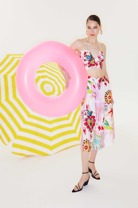 TWIST, Fusta evazata cu imprimeu grafic, Rosu/Galben/Lila