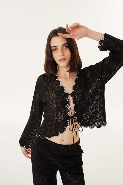 TWIST, Jacheta semitransparenta cu imprimeu floral, Alb/Negru