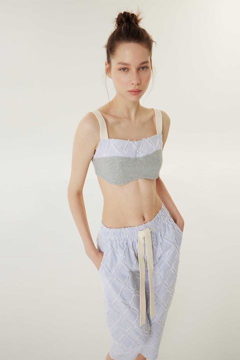 TWIST, Top crop cu bretele late1, Alb/Gri/Albastru