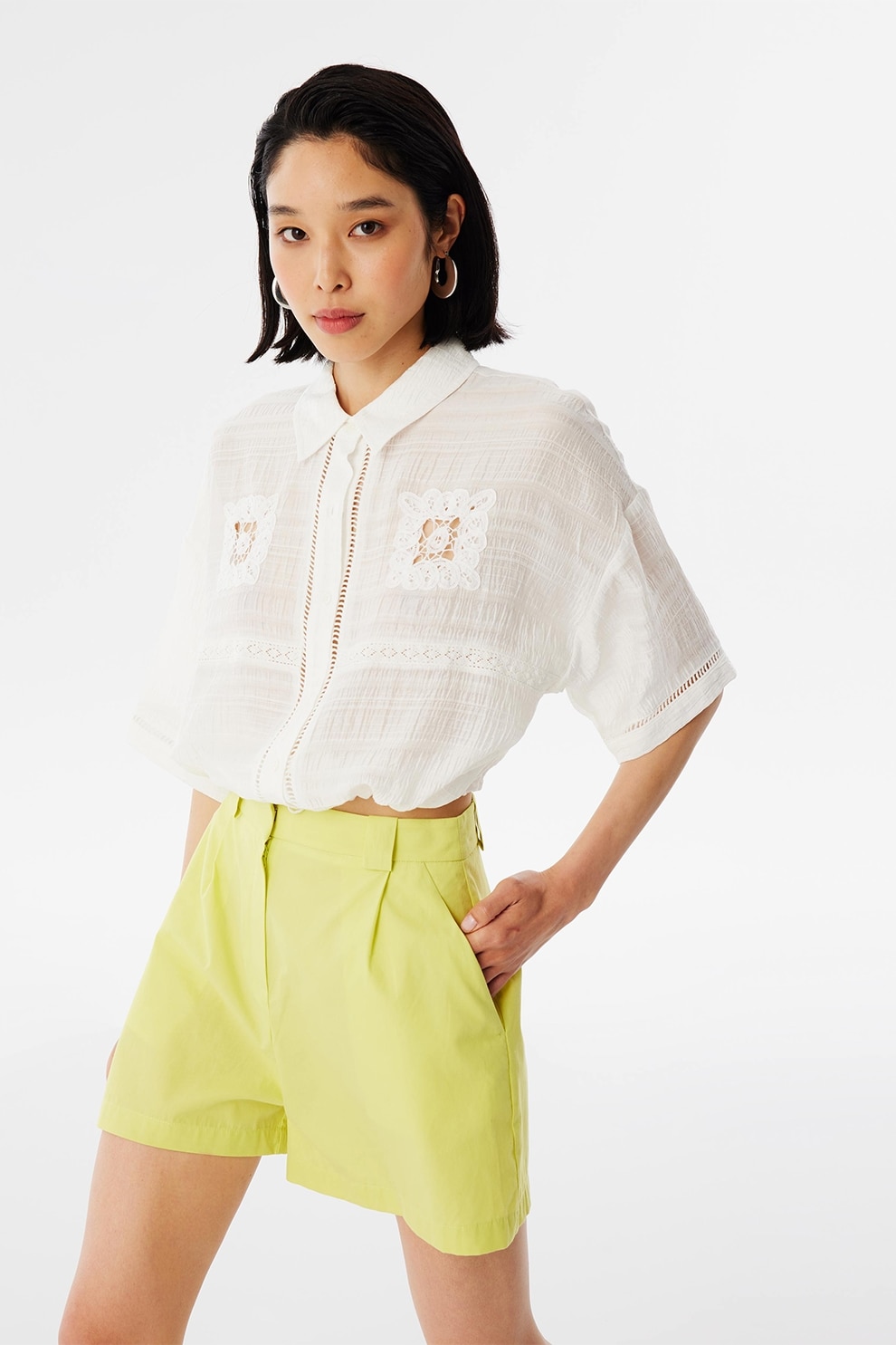 TWIST, Camasa crop din amestec de lyocell si modal, Alb murdar, 38