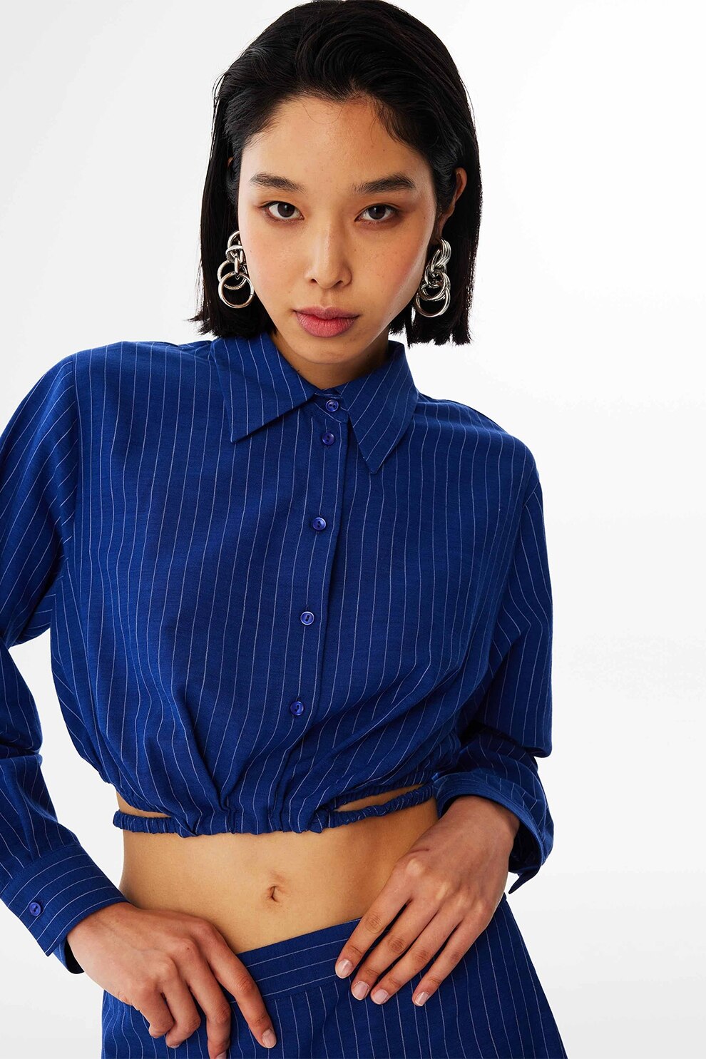 TWIST, Camasa crop cu model in dungi, Bleumarin, 36