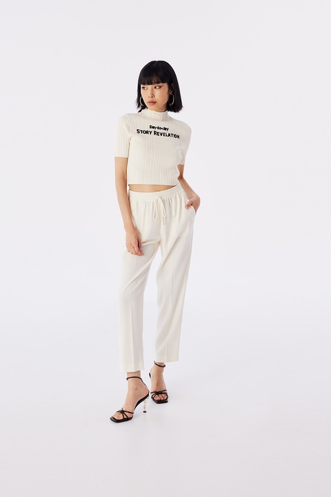 TWIST, Pulover crop cu text, Bej deschis, M