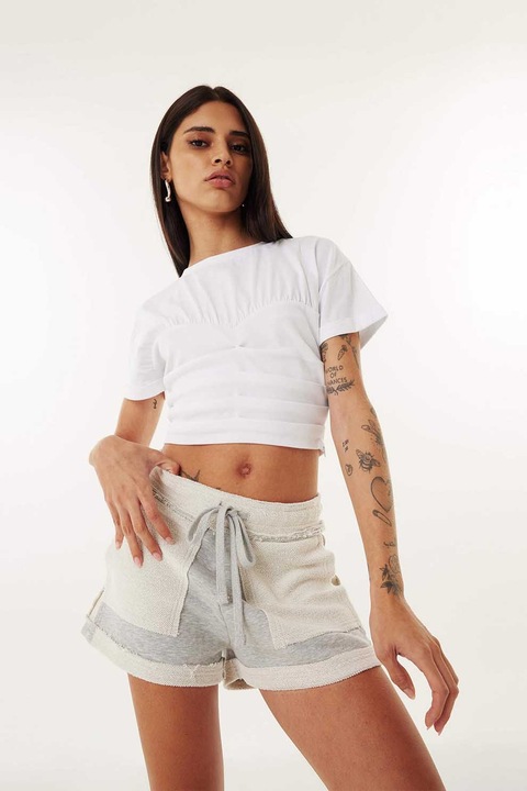 TWIST, Tricou crop cu decolteu la baza gatului, Alb optic