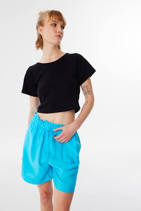 TWIST, Tricou crop cu decolteu la baza gatului, Negru