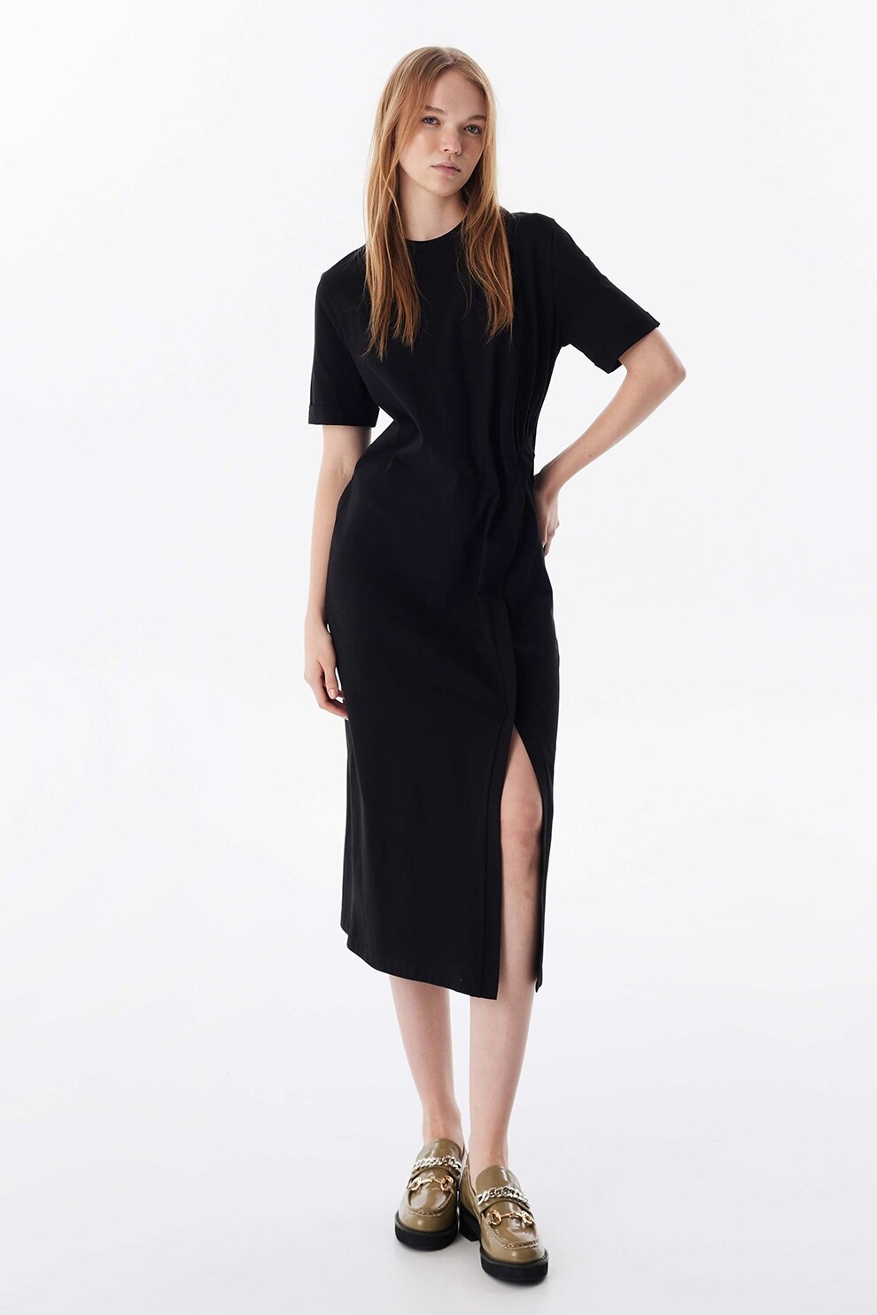 TWIST, Rochie midi din bumbac cu slit, Negru, 38