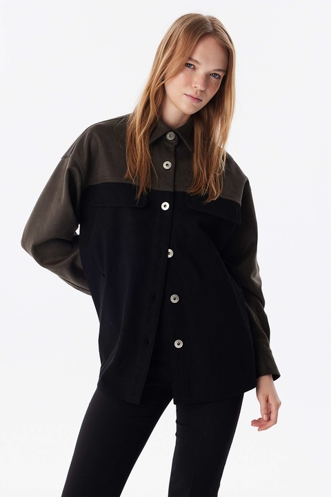 TWIST, Jacheta-camasa lejera cu maneci cazute, Negru/Verde padure