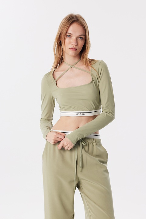 TWIST, Bluza crop cu decolteu patrat, Verde fistic