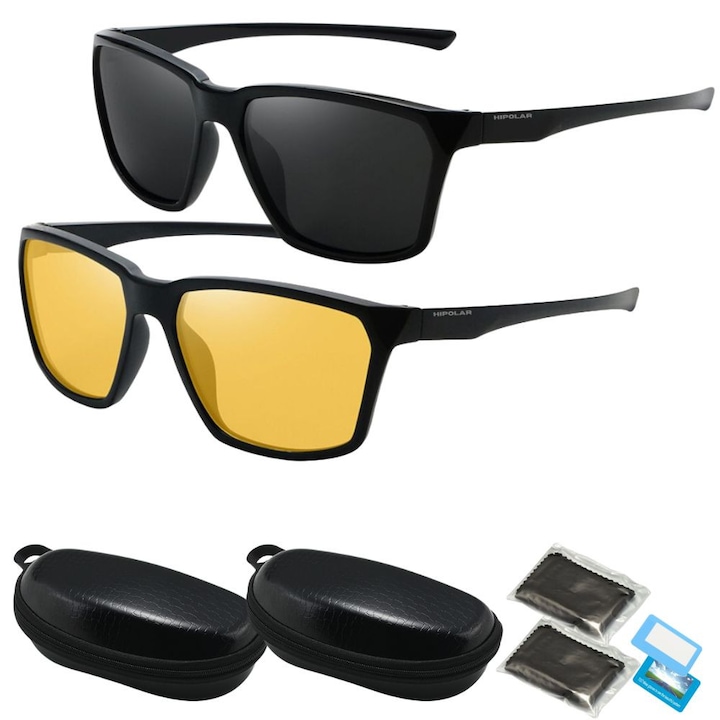 Set Ochelari de Soare pentru Condus, HD34, Polarizati, HIPOLAR ®, Lentiala Negru si Galben pentru Zi si Noapte, Protectie UV400, cu Husa de Protectie