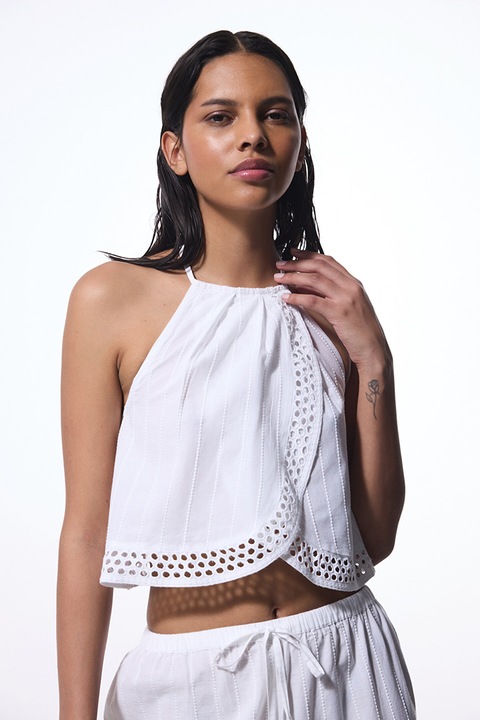 PENTI, Top de plaja, din bumbac, cu dantela Sangallo, Alb, L