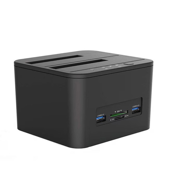 Docking Station 4 In 1 Usb 3.1, Rqiurpn, Compatibil 2.5/3.5 Inch Sata Iii Hdd/Ssd, Functie De Clonare, Maxim 2 x 16TB, Alimentare 12V 3A, Racire surround la 360°, Porturi Usb, Suporta Tf & Sd Card, Negru