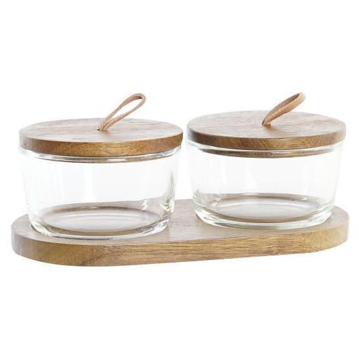 Set de borcane de depozitare 240 ml, salcam si sticla, 20, 5x10, 5x7 cm