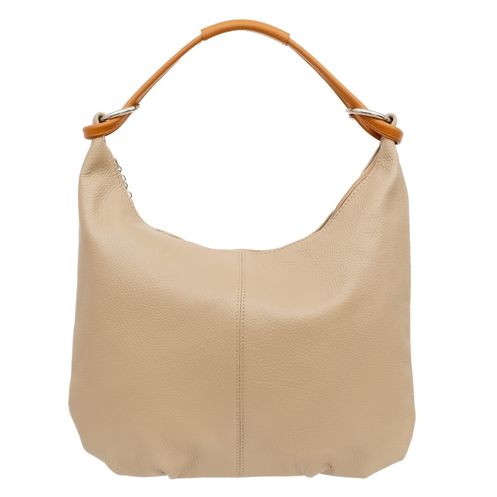 Geanta dama hobo Vera Pelle, piele naturala, bej, 3 compartimente, inchidere cu fermoar