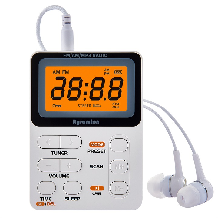 Джобно FM радио, преносимо, с акумулаторна батерия, цифрово радио със стерео слушалки, голям LCD екран, бяло