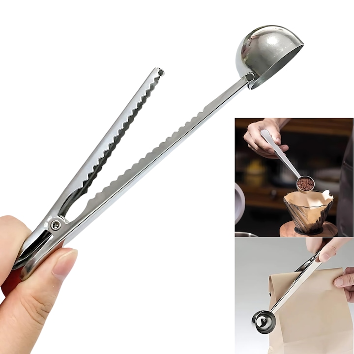 2 в 1 лъжичка за кафе със запечатваща щипка, QUTTIN, неръждаема стомана, 16 см, инокс