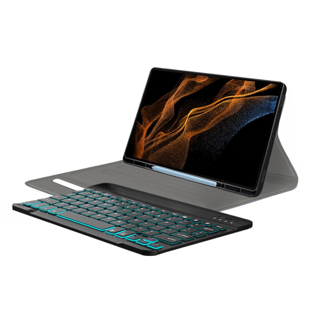 Husa de protectie flip cover pentru tableta compatibila cu Samsung Galaxy Tab S8 Ultra, CozyTab Case, suport stylus, tastatura wireless magnetica, RGB, piele ecologica, Negru