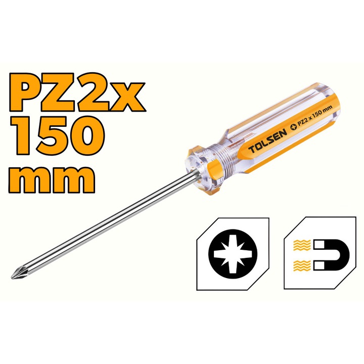 Surubelnita TOLSEN PZ2 x 150mm, varf magnetic, otel Cr-V, maner PVC transparent, ideala pentru uz general in casa si atelier