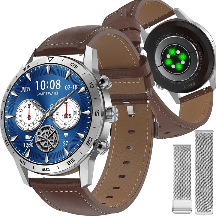 Smartwatch Ceas elegant Masurarea sanatatii sportive rezistente la apa Premium, Raspuns apel, Pedometru, Monitor ritm cardiac, Asistent vocal, Bluetooth, Rezolutie mare a ecranului, Doua curele incluse, Bratara, Piele mar, 1.39 inch IPS HD DT70