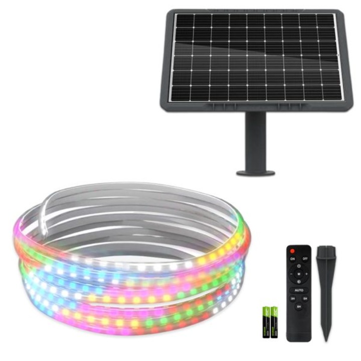 Kit Banda LED RGB Multicolor, 5 Metri, cu Panou Solar Monocristalin 50W, IP65 – Iluminat Decorativ Exterior Autonom