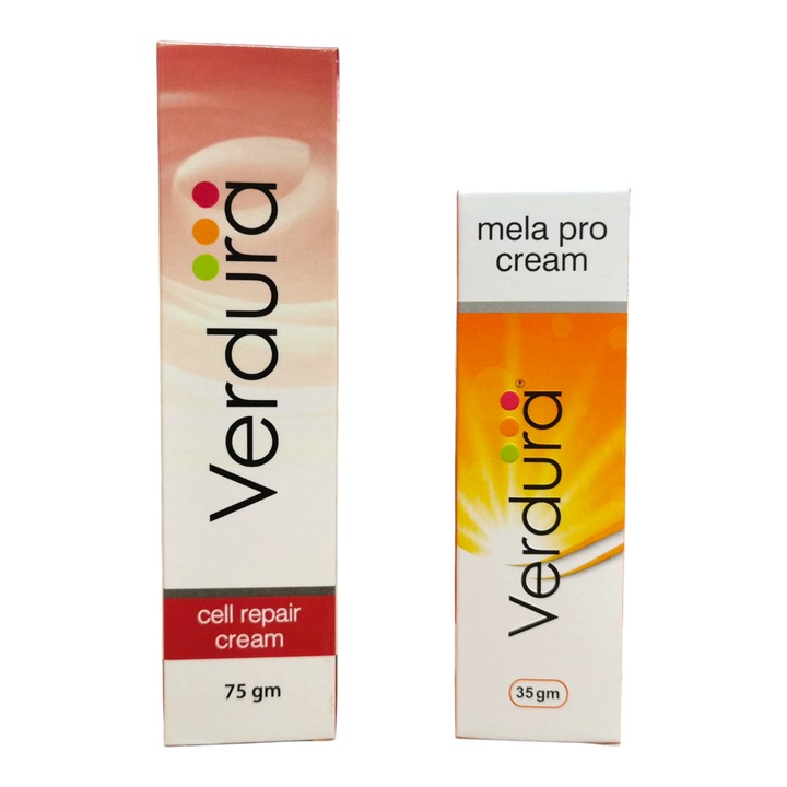 Arcápoló készlet bőrhibákra, Verdura, Cell Repair + Mela Pro krém, Krém pigmentfoltos, melazmás bőrre, 35 g, Krém repedésekre, ekcémára, pikkelysömörre és irritációkra, 75 g