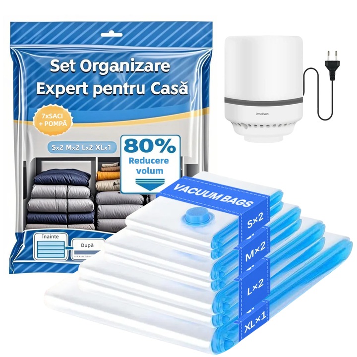 Vákuum tárolózsákok, 7 darabos készlet elektromos pumpával, Omelivon® VAC-H7P1, 1XL+2L+2M+2S: 80x100cm/60x80cm/50x70cm/40x60cm, Otthoni tároló készlet
