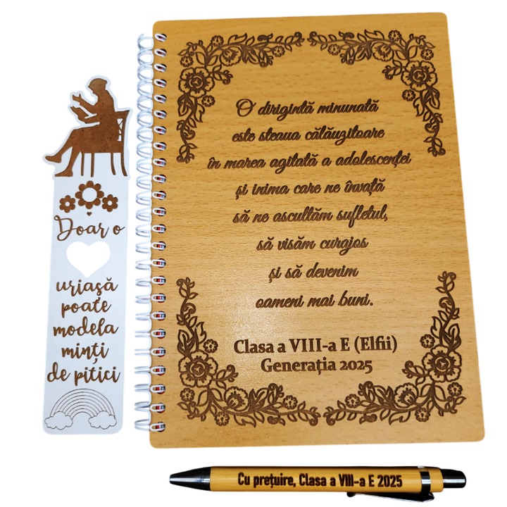 Agenda din lemn personalizata pentru diriginta, cadou absolvire, set agenda, pix si semn de carte