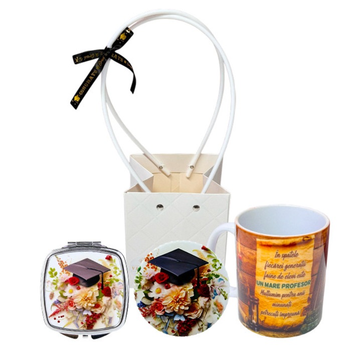 Пакет за учителя, дървена закопчалка с магнит, огледало и керамична чаша с послание, в подаръчна торбичка, Velve