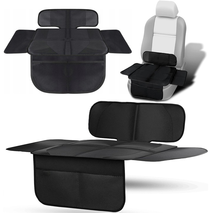 Husa pentru scaun auto, 47 cm, patrata, ofera protectie pentru scaunul din fata, pentru un copil, protejeaza tapiteria de deteriorare, Renew Force, material antiderapant, design elegant cu buzunare de depozitare, neagra, universala, CARSIT01