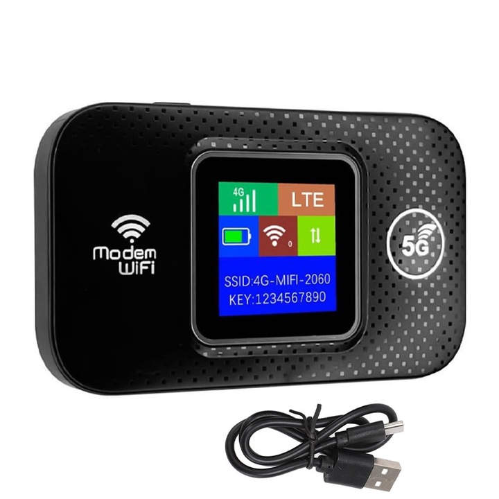 Zseb WIFI Modem 4/5G LTE, Gyorsulás, 150Mbps, Akkumulátor- és kártyahelyekkel, Többszörös csatlakozás, LCD kijelző, hordozható, Fekete
