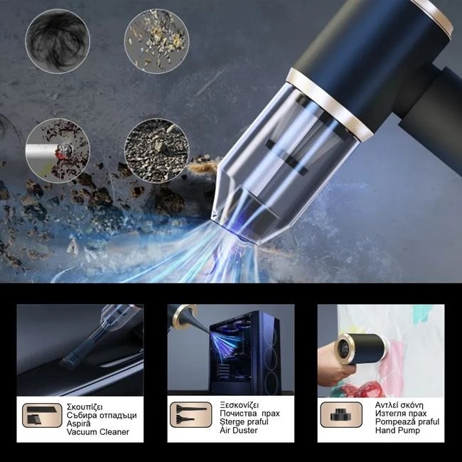 Aspirator auto, electric cu acumulator 5V/1A, 7.4V 50W, CasaShop®, cu 5 accesorii, filtru de praf, cablu USB