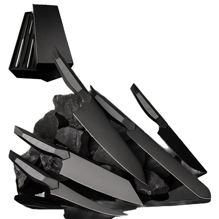 Set 5 Cutite NEOSOR, Otel 440C, Titan Negru, Cutit Bucatar/Kiritsuke/Dezosat/Feliere/ Lama Zimtata, Full Tang, Ergonomic, Ascutire Manuala 15°, Tratament Termic, Design Japonez Profesional, Pentru Carne/Peste/Legume/Paine/Deserturi