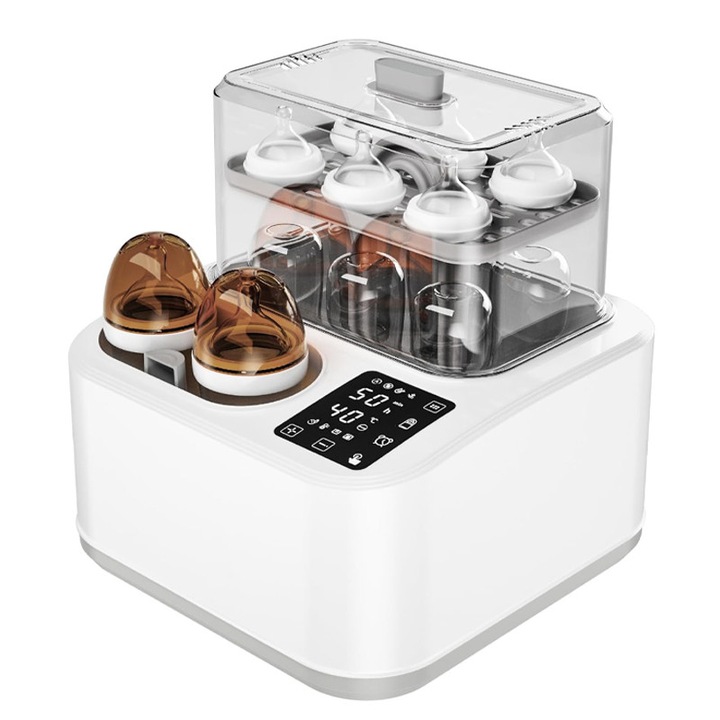 Sterilizator Si Incalzitor Premium pentru Biberoane, Rqiurpn, 8 Functii, Mod Auto/Sterilizare/Depozitare/Gatire la abur/Incalzire lenta/Gatire abur, Control Digital, fara BPA, design compact, Alb