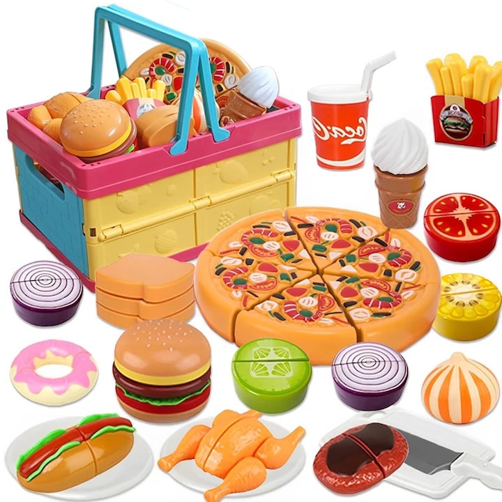 Set jucarii de bucatarie, Fructe legume si pizza de taiat, Cu cos de depozitare pliabil, Conexiune velcro, pentru copiii 3 Ani+, Multicolor