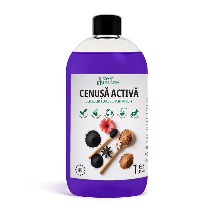 Detergent de rufe natural AromaTerra - Cenusa activa, vegan, fara fosfati, enzime si alergeni, 1 litru