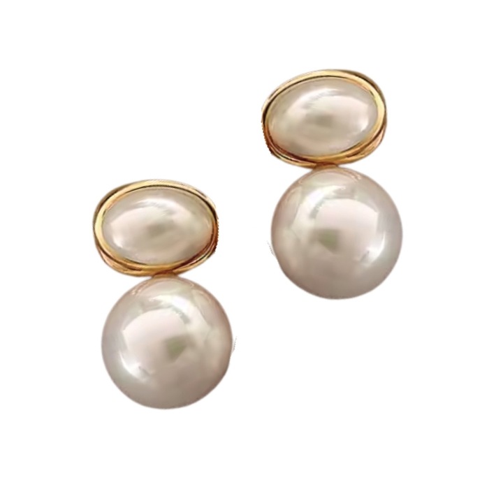 Cercei cu perle foarte stralucitori efectivi marime medie perle duble, Cercei perle duble STIFTURI stralucitoare pe lob pentru nunta la rochie