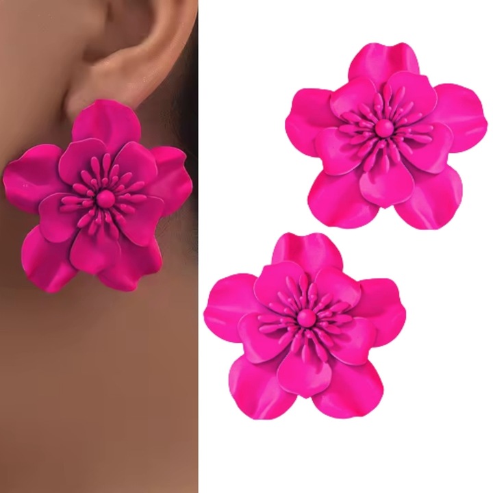 Cercei stift fucsia floare mari vacanta culori vii mate, Flori roz zmeuriu cercei stift vizibili efectivi iesire nunta