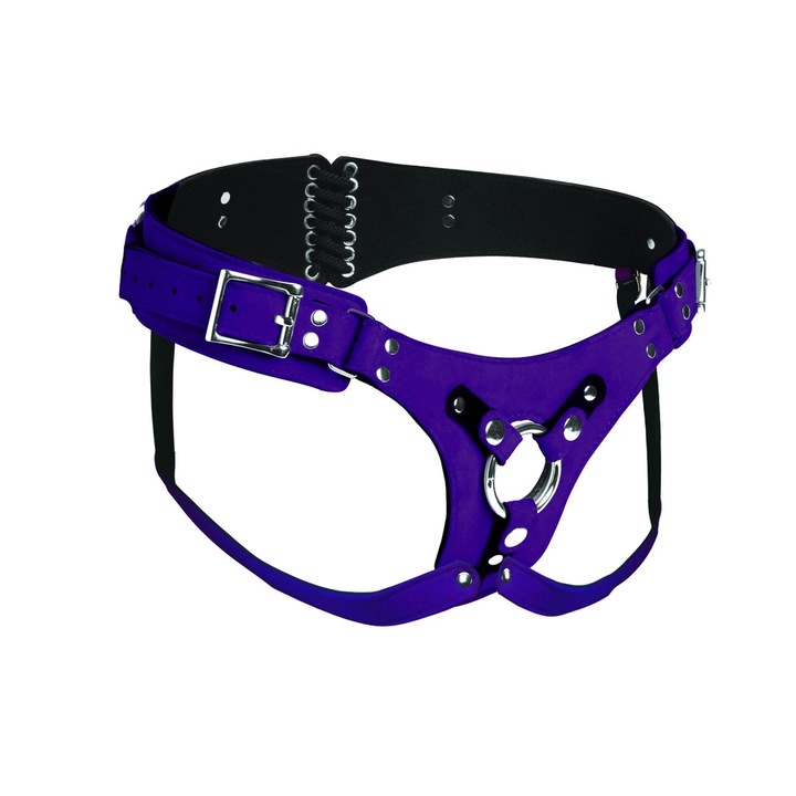 Centura strap-on XR Brands, ajustabila, cu inel O, mov