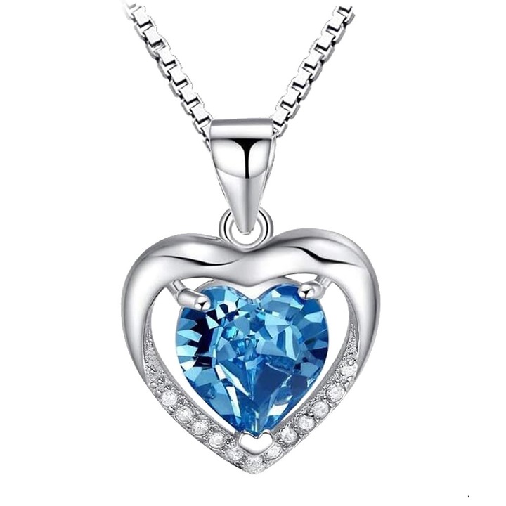Colier Pandantiv Inima cu Zirconiu Cubic Albastru Colorat, Argint 925 Sterling Placat cu Alb Galben - Cadou cu Stralucire Intensa in Cutie pentru Iubita/Sotie (Zi de Nastere/Valentine/Craciun/Aniversare)