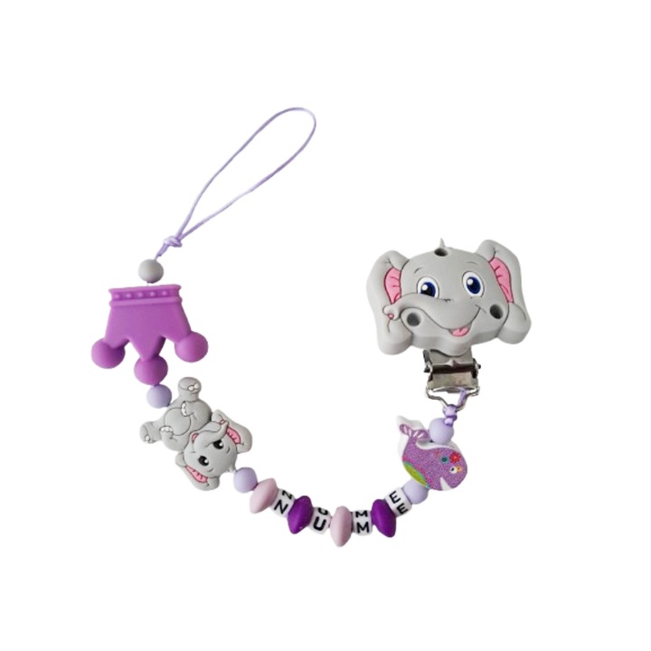 Lantisor pentru suzeta, personalizat cu numele bebelusului, Elefant/gri