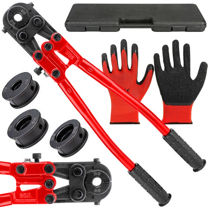 Cleste de sertizat tevi Pex Al, interval de lucru 16, 20, 26 mm, cutie depozitare, otel, rosu, Presa pex teava clesti sertizare presare pentru tevi, terminale conductori, presa manuala cu bacuri HP-X1-PRO