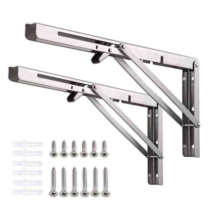 Комплект от 2 стенни скоби за сгъваеми рафтове, 40 x 17 см, неръждаема стомана, максимално натоварване 150 кг, сребрист