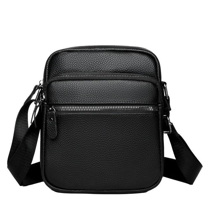 Geanta de umar barbati, BOMSTOM, Piele naturala, 4 Compartimente, Crossbody, Bretele Reglabile, 30 x15 x 6 cm, Negru