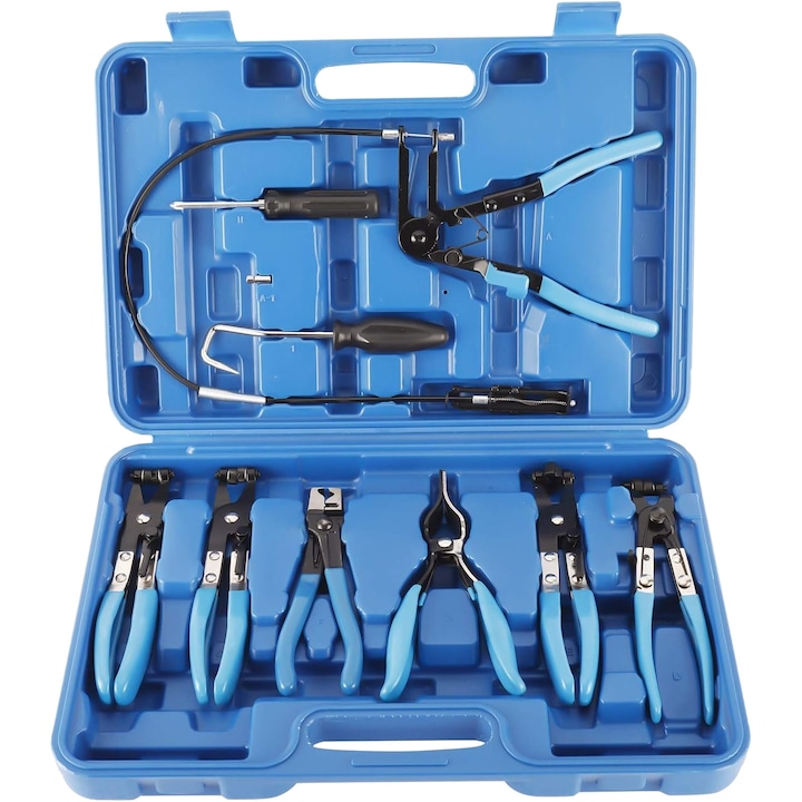 Самозатягащи се клещи за скоби за маркучи, Luxtom, прецизни инструменти с въртящи се глави, подсилена дръжка, универсална употреба в охладителни, горивни и вентилационни системи, пълен комплект от 9 части, стомана, черен цвят