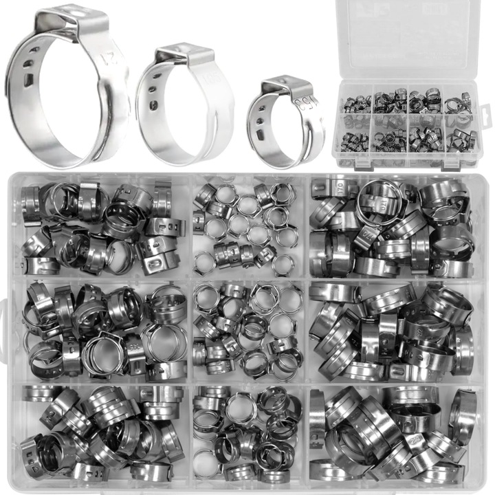 Cleme De Fixare Cu Ureche Simpla, Asta, Set 170 Bucati, Otel Inoxidabil SS30, Montaj Rapid, Fixare Durabila Si Rezistenta, Set Marimi 5.8-21 Mm, Otel Inoxidabil, Argintiu