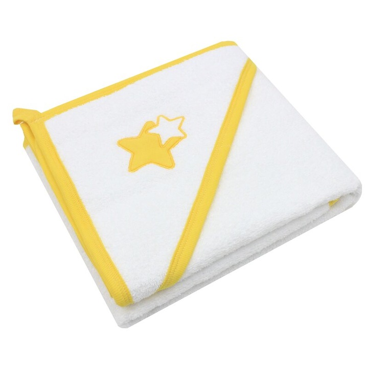 Prosop cu gluga, bumbac, stelute galbene, 80 x 100 cm, alb