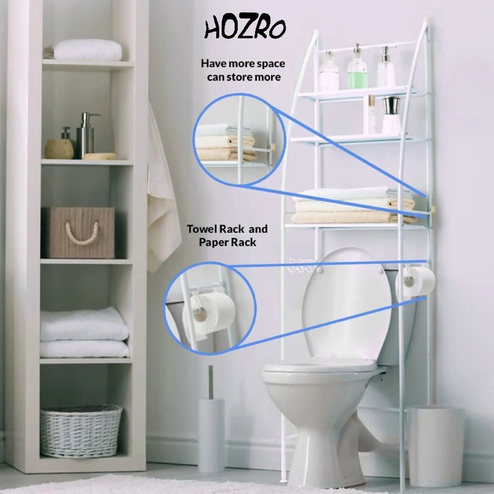 Метален рафт за съхранение HOZRO, за пералня, 3 рафта, компактен и модерен дизайн, идеален за баня, перално помещение или тесни пространства, 68x25x166 см, бял