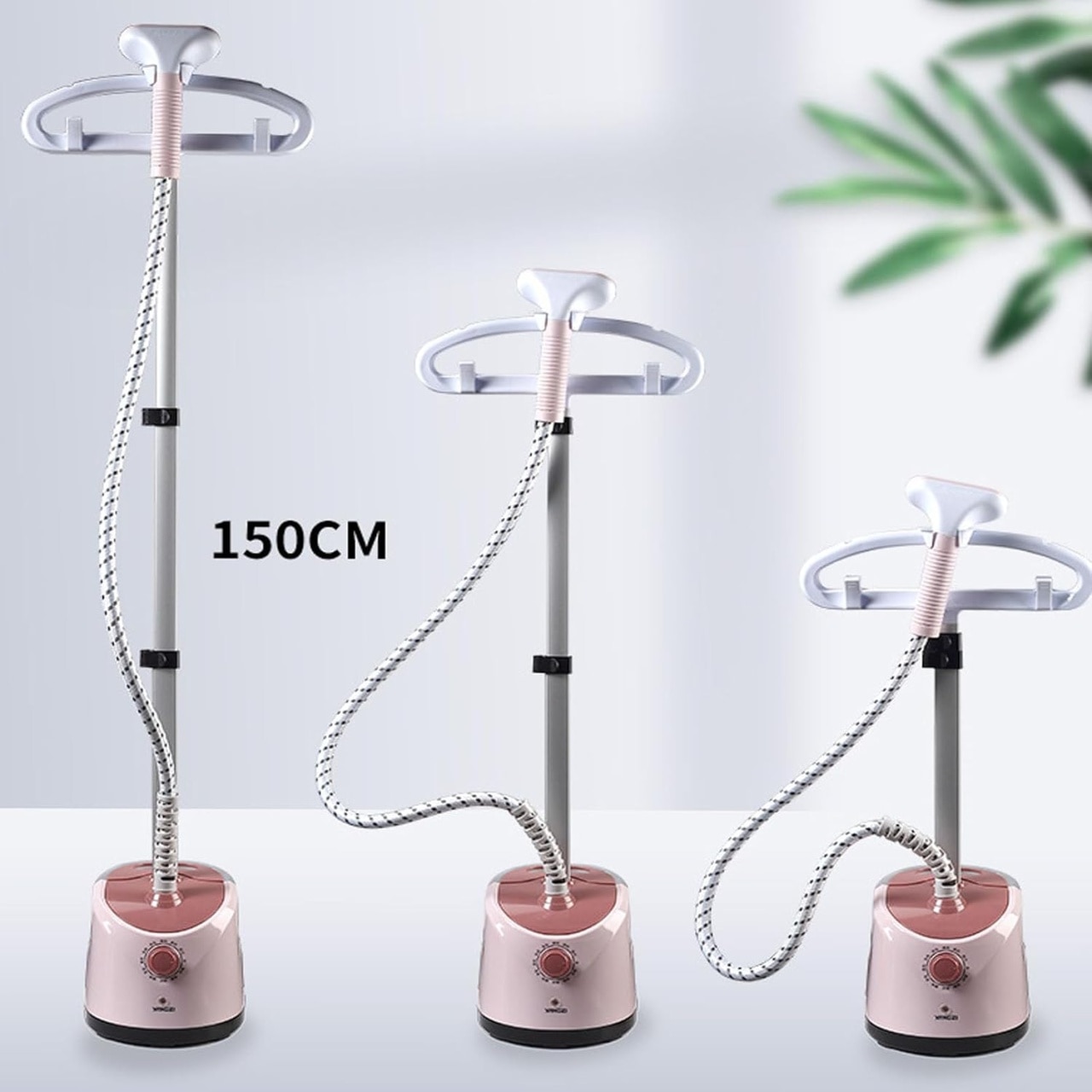 Aparat de calcat vertical cu abur, cu masa de calcat si rezervor de apa de 1,7 l, alimentare la retea, inaltime ajustabila, control temperatura, alb/roz