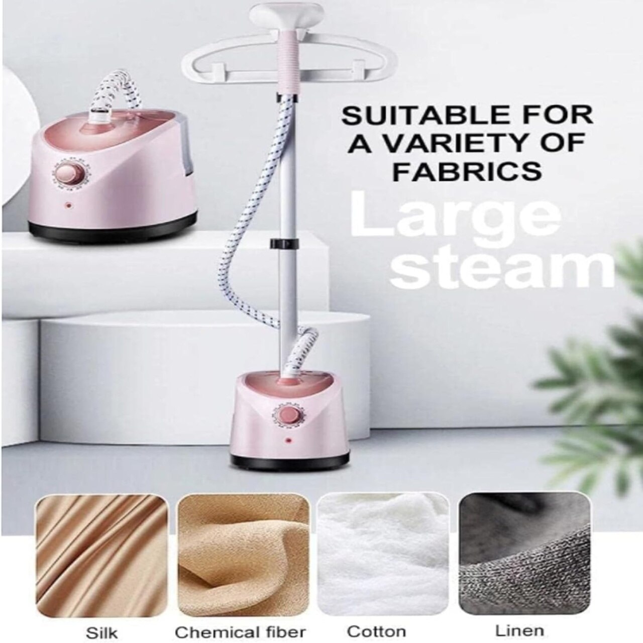 Aparat de calcat vertical cu abur, cu masa de calcat si rezervor de apa de 1,7 l, alimentare la retea, inaltime ajustabila, control temperatura, alb/roz
