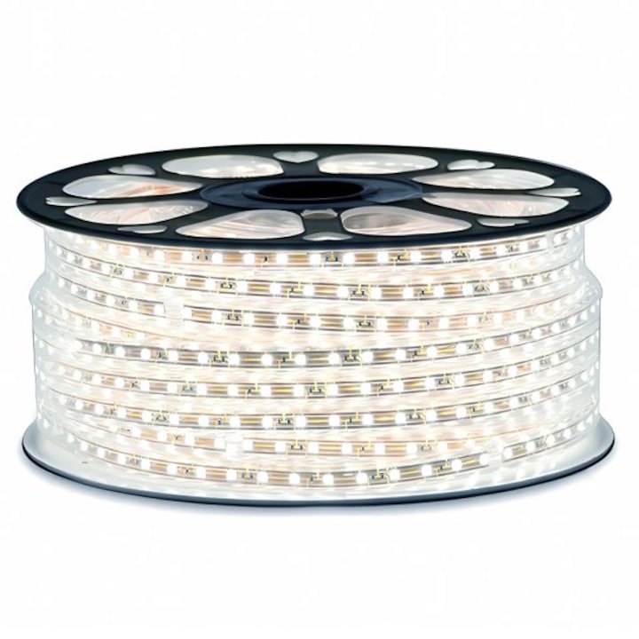 Професионална LED лента 220V, 6500K, студено бяла светлина, 120 LED/м, IP65, ролка 100 метра – решение за осветление за външно и вътрешно осветление