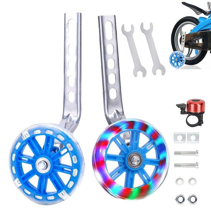 Колела за обучение на велосипед, Комплект от 2 детски колела за обучение на велосипед с LED осветление, регулируемо балансиращо колело, универсални стабилизатори, детски стабилизатори за велосипед, със светещ ефект, Подходящи за велосипеди 12-20 инча