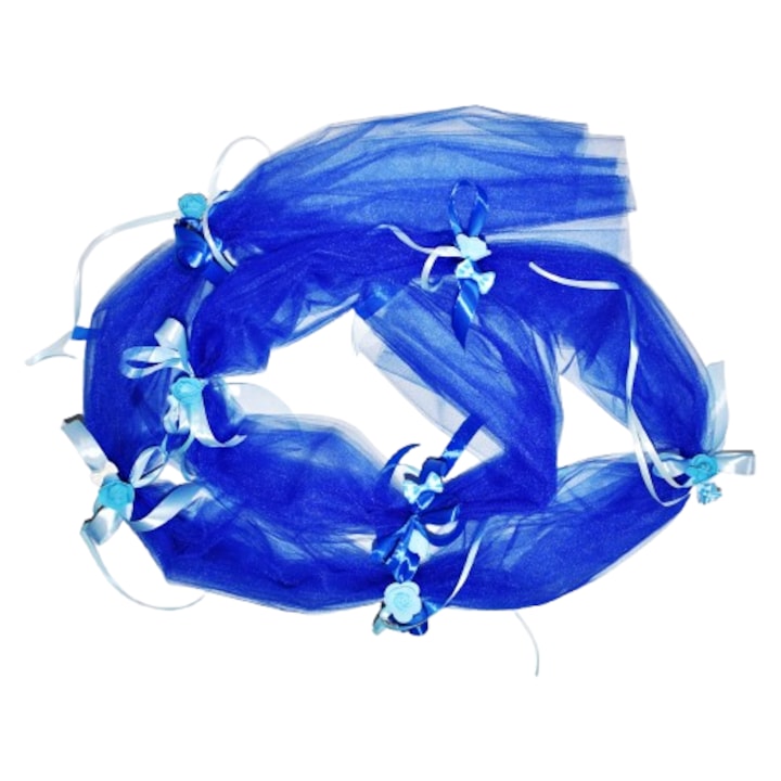 Decor cristelnita botez tul albastru, funde satinate si trandafiri, 300cm